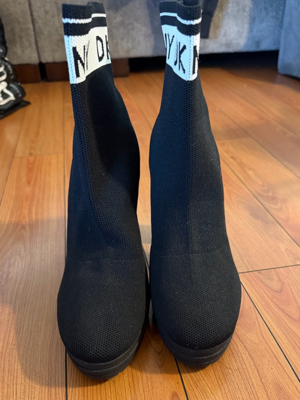 Dkny Black Knit Sock Ankle Boots with Branded Cuff